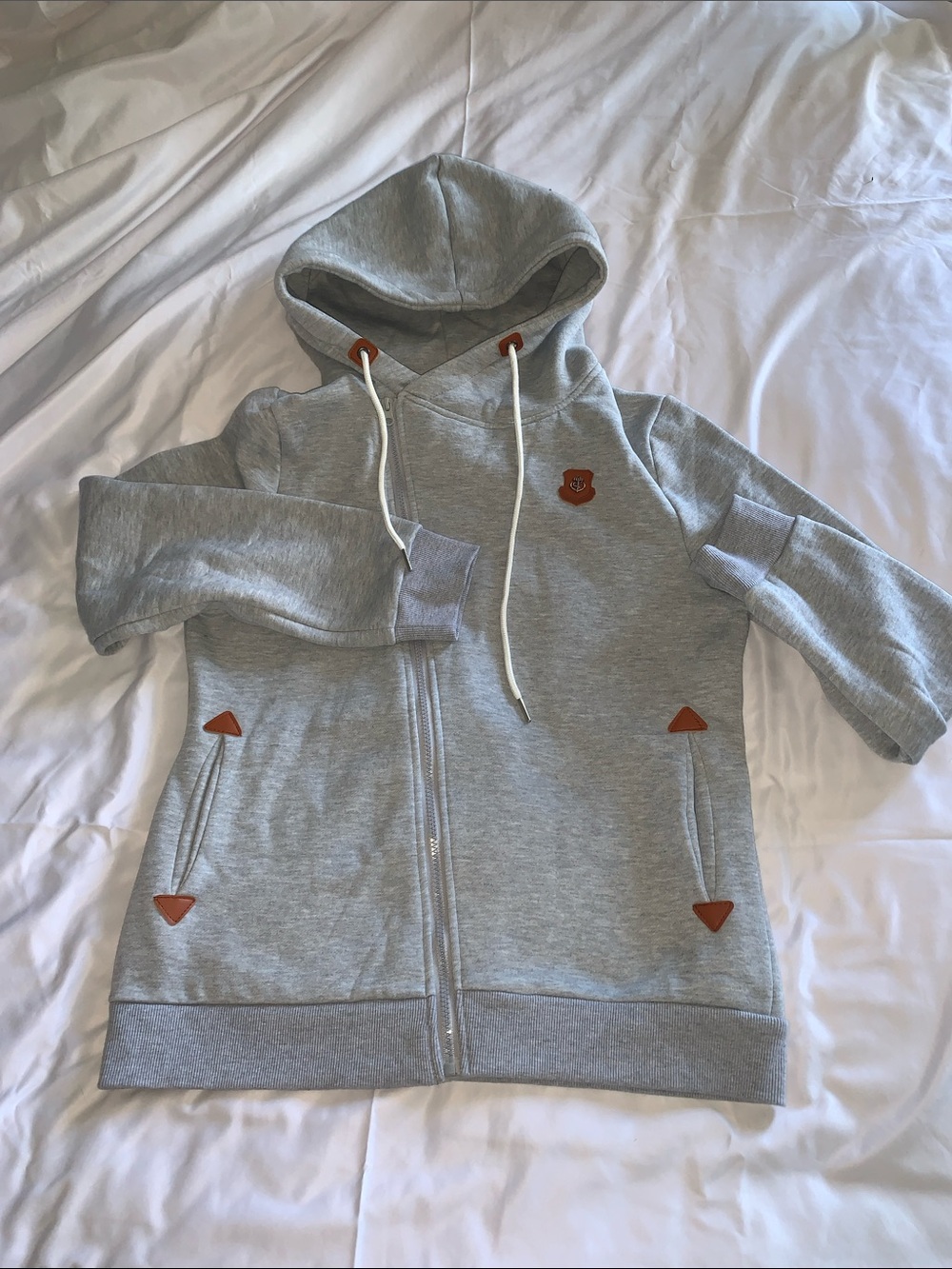 Unisex grey hoodie - full assymetrical zipper, waist pockets Size L
